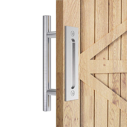 Barn door handle installed on garden gate in silver iron