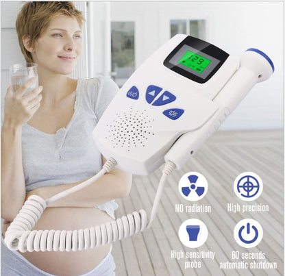 Top angle of fetal Doppler showing control buttons and screen