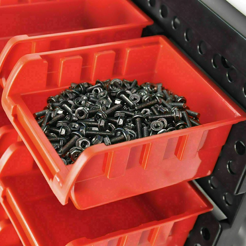 Garage organiser showing label slots on bins for easy sorting