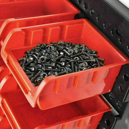 Garage organiser showing label slots on bins for easy sorting