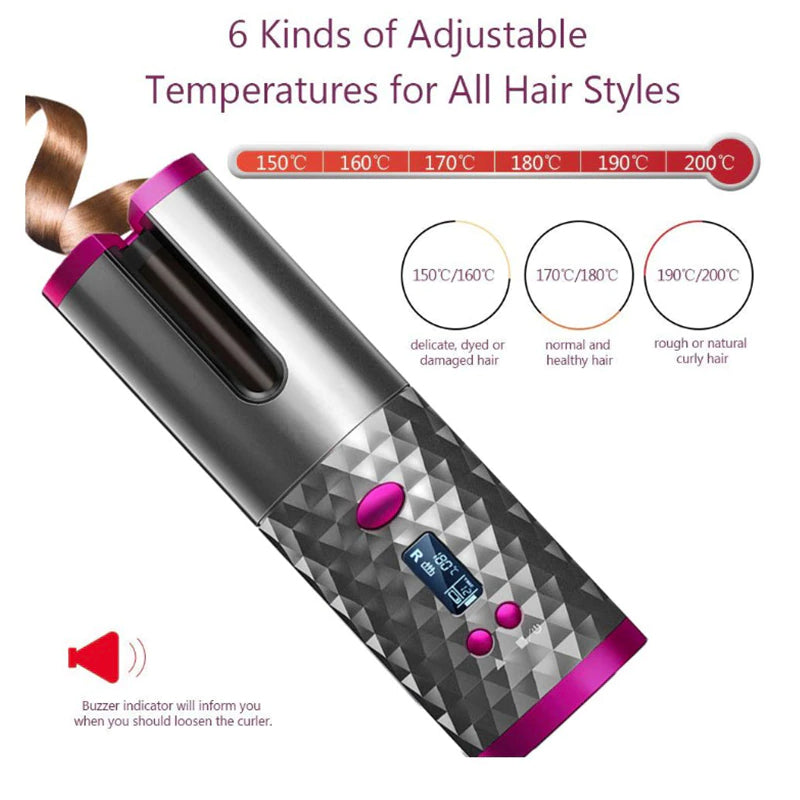 Hair curler cordless with clips and brush laid out on table