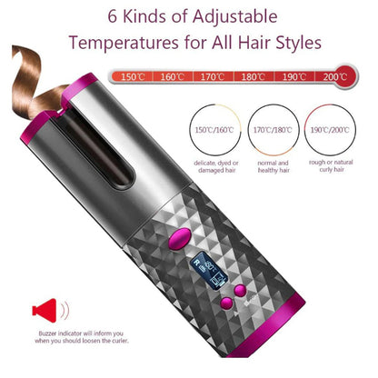 Hair curler cordless with clips and brush laid out on table