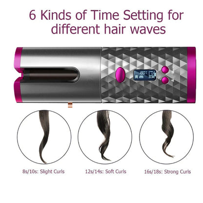 Side angle of hair curler cordless with hair brushing tool attached