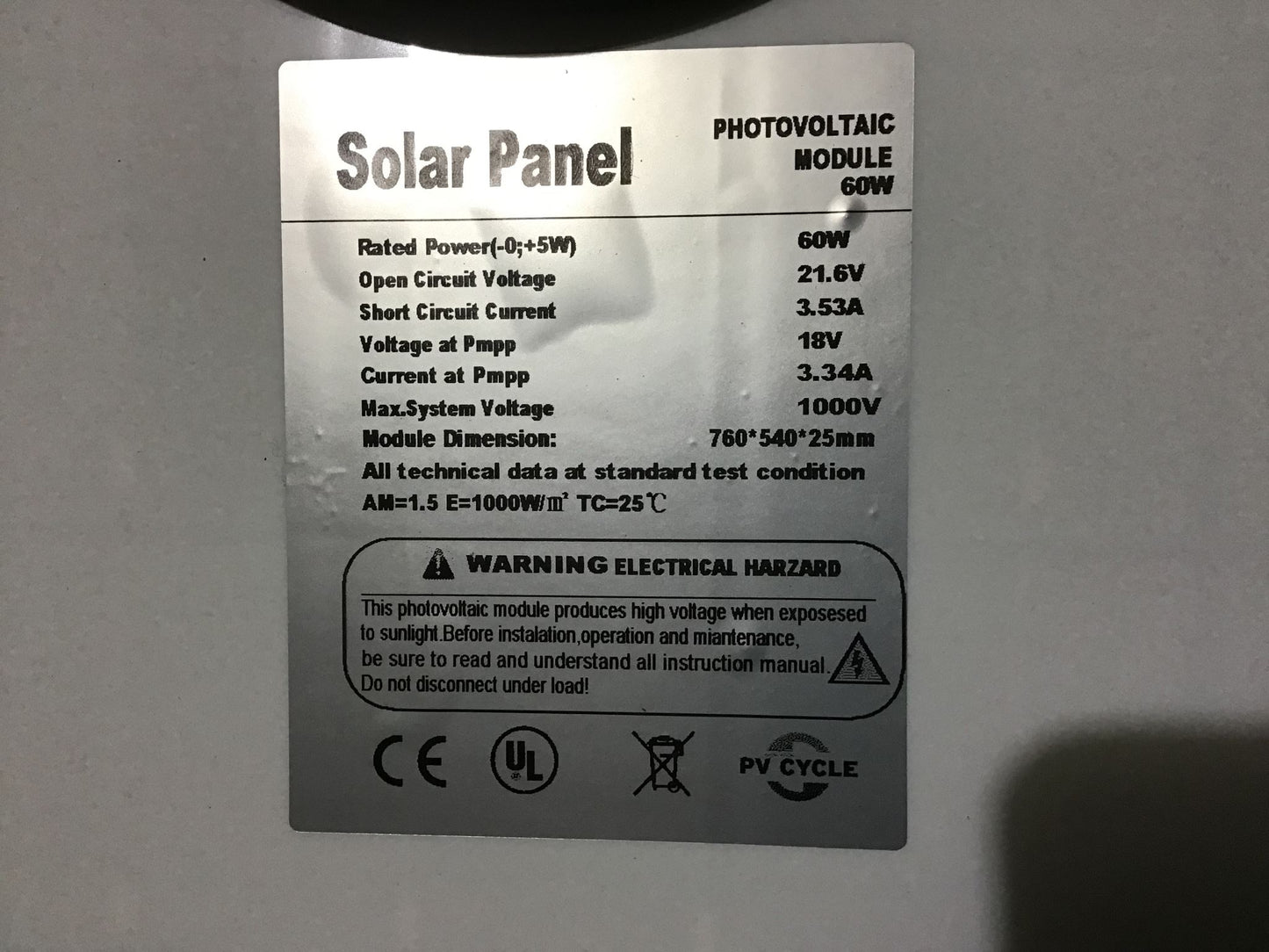 Solar Panel 60W for motorhome with controller unit attached