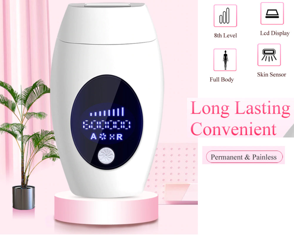 IPL laser hair removal device placed on bathroom bench with power cord