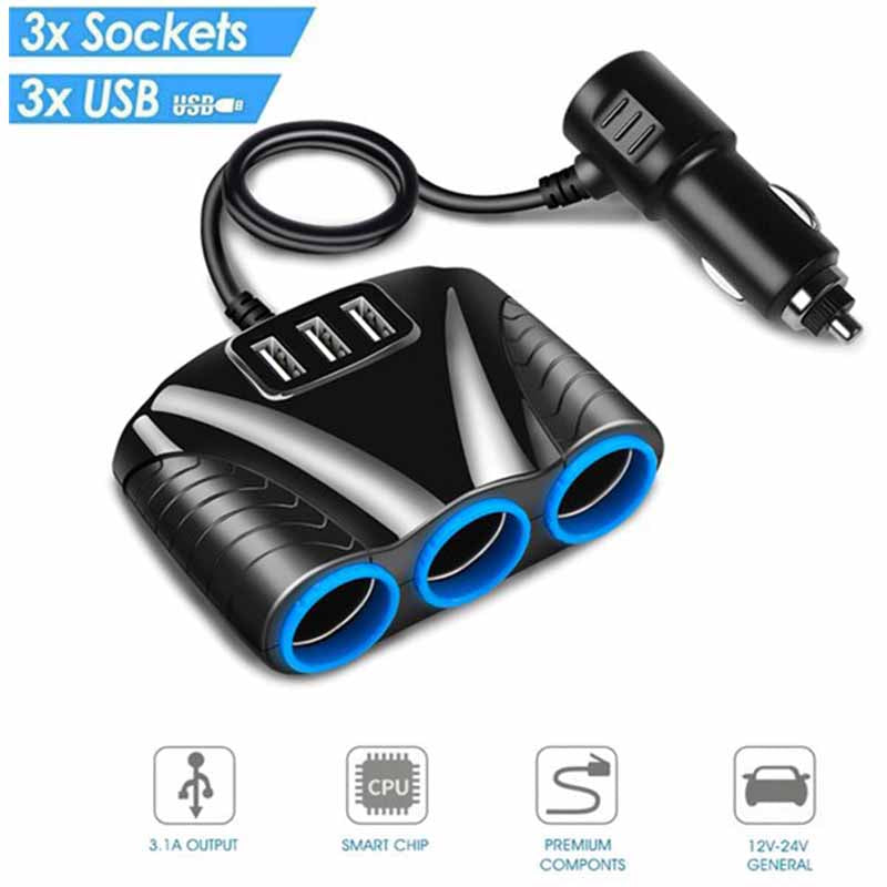 Car Cigarette Lighter Multi Socket Splitter 3 Way USB Charger Port