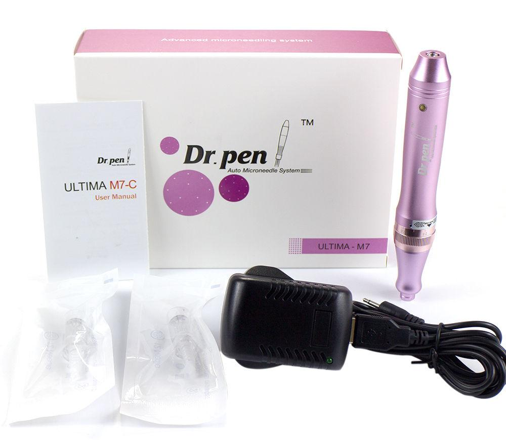Side angle of Derma Pen M7 with 12 pin needle cartridge attached