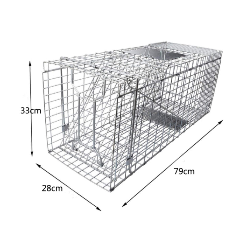Close-up of single-pole trigger mechanism on possum trap large animal trap