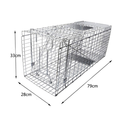 Close-up of single-pole trigger mechanism on possum trap large animal trap