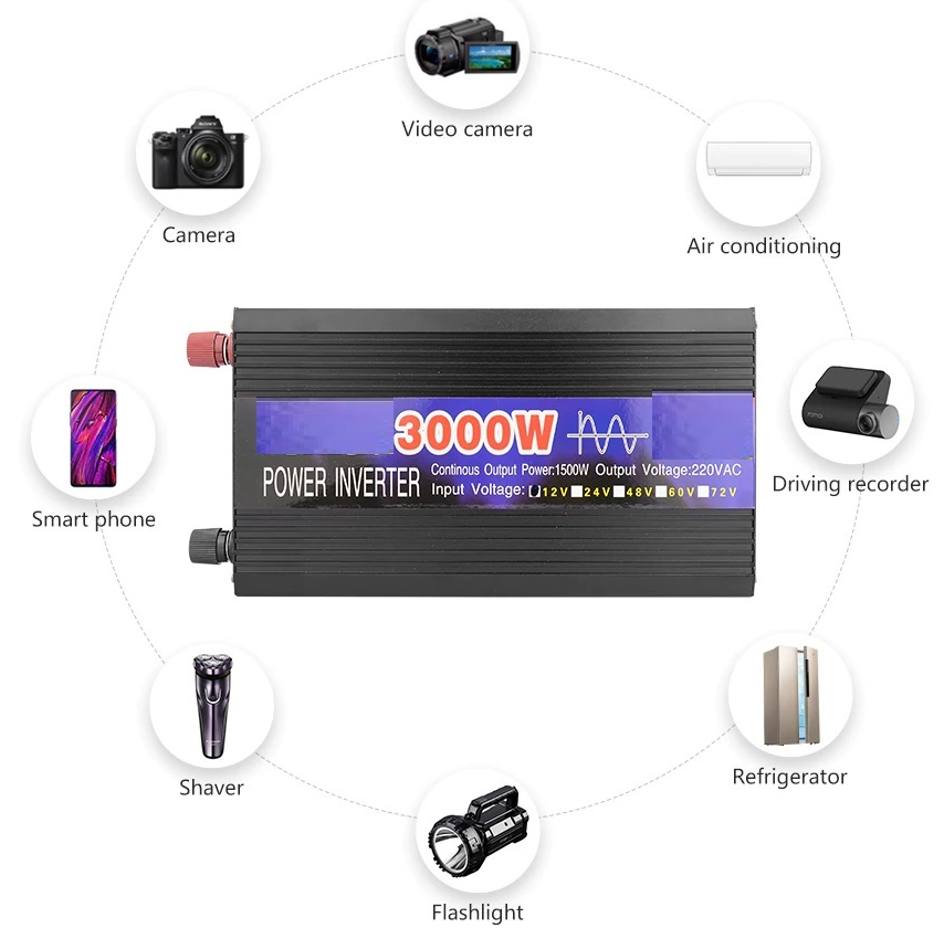 Pure Sine Wave Inverter 3000W 12V powering a laptop and TV