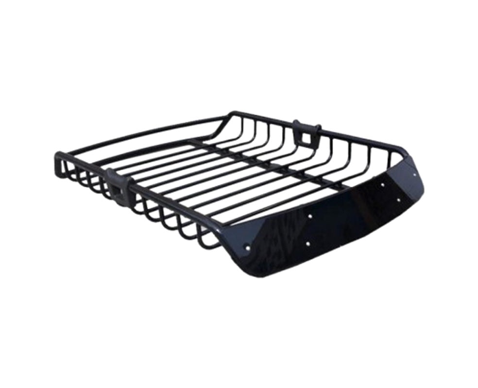 Universal roof rack basket loaded with camping gear on top