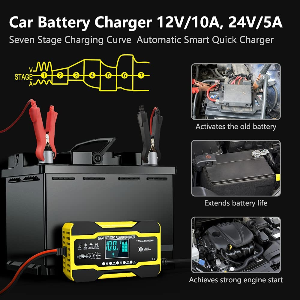 Car battery charger displaying charging percentage on screen