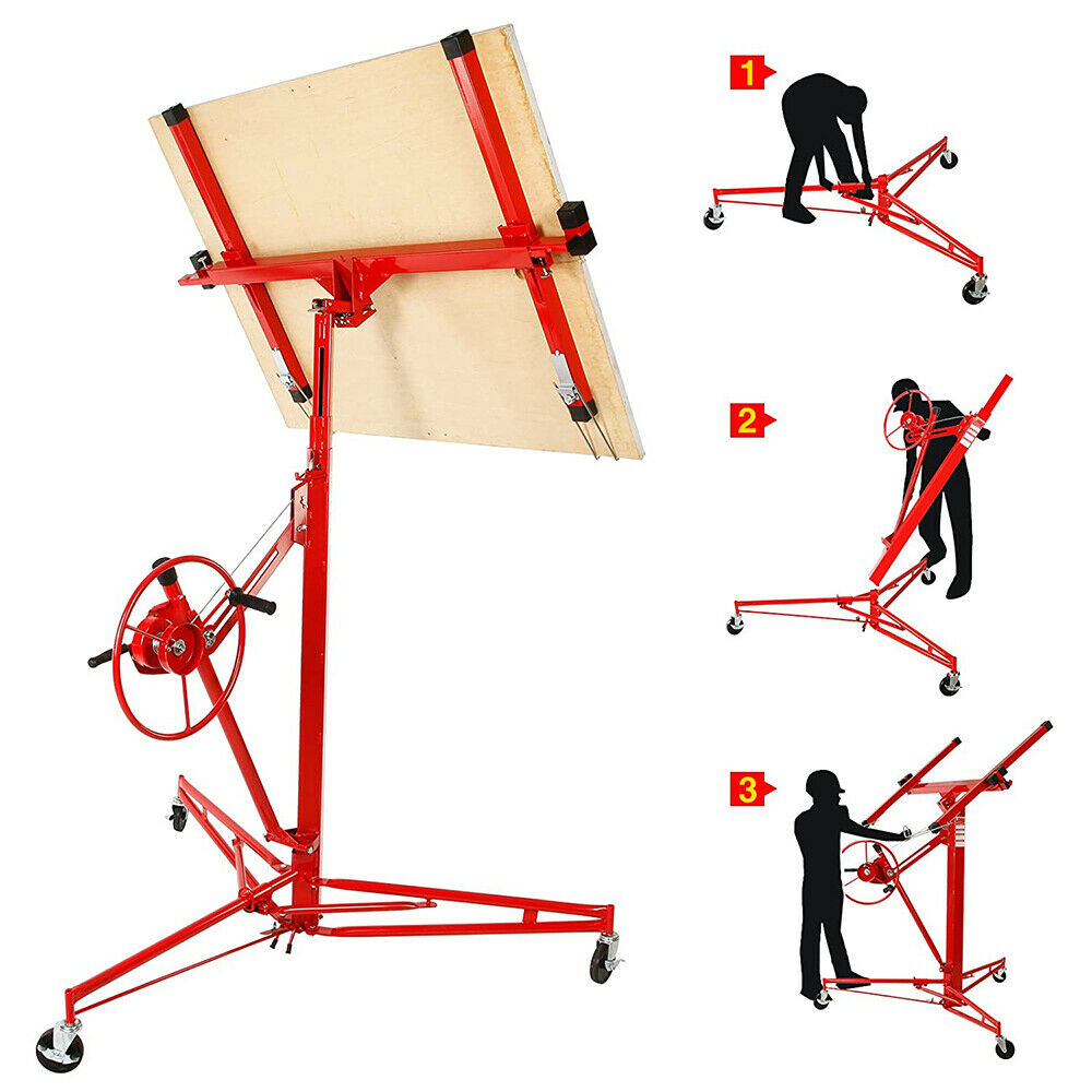 Adjustable tilt angle on drywall panel lifter in red