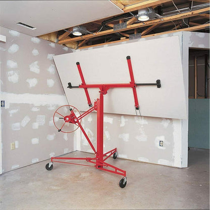 Safety foot stops on drywall panel lifter in use