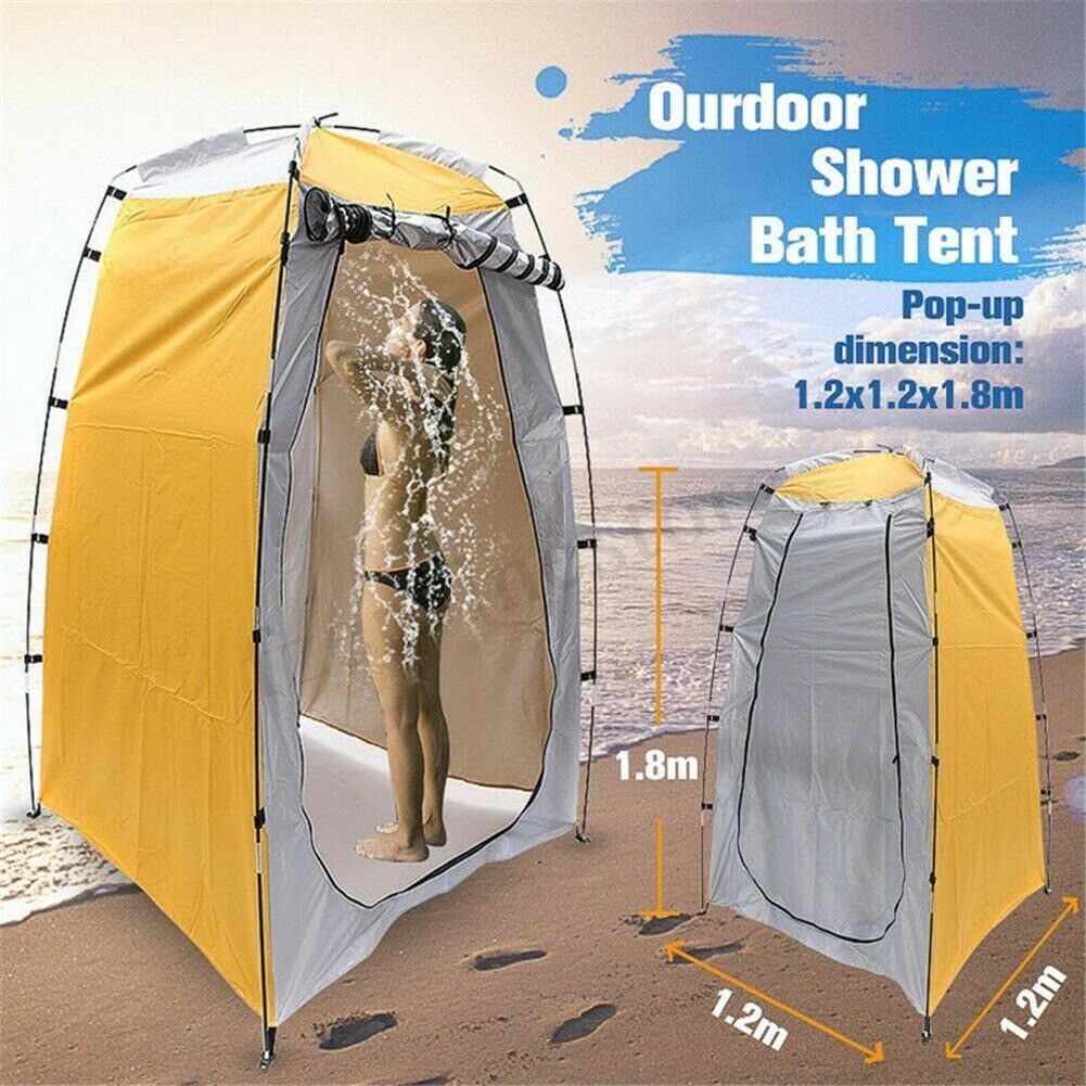 Portable shower tent used as a privacy changing room outdoors