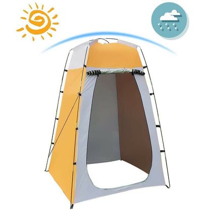 Portable shower tent used as a privacy changing room outdoors