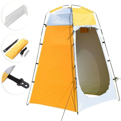 Portable shower tent used as a privacy changing room outdoors