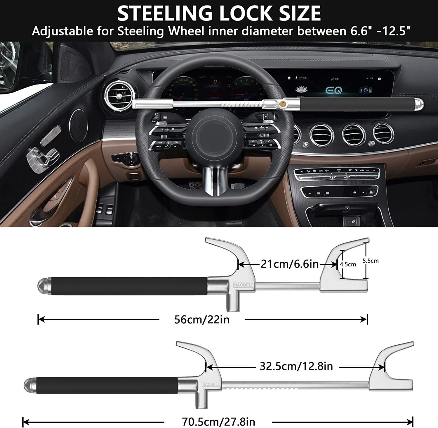 Steering wheel lock demonstrating universal fit for cars and vans