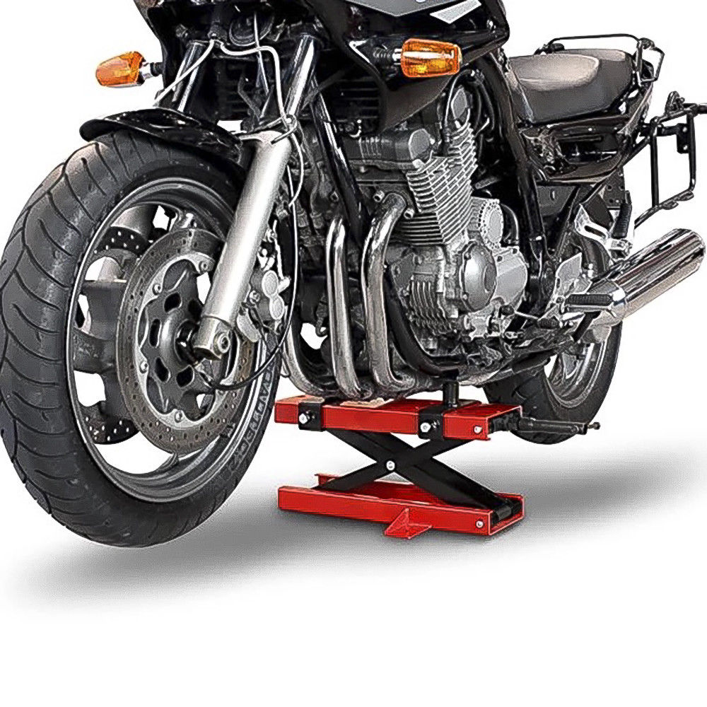 Wide base of motorcycle scissor lift stand for stability and balance