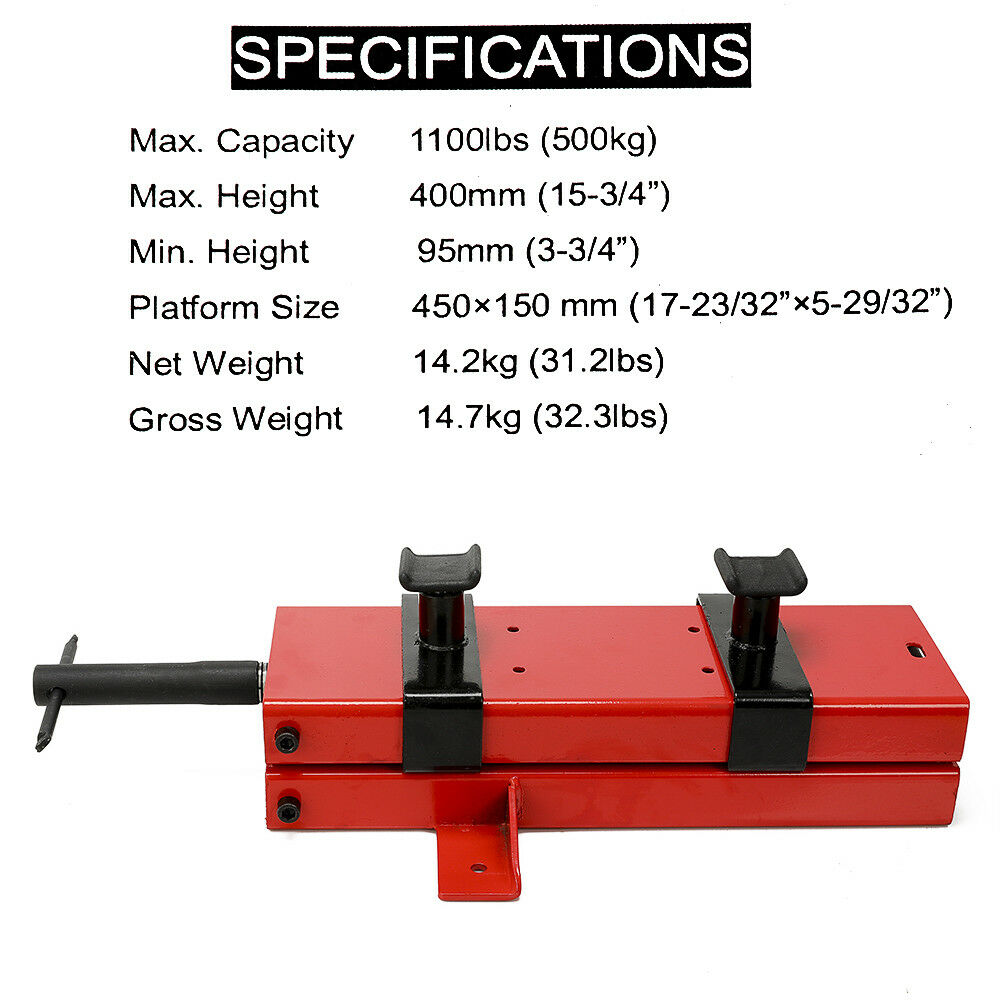 Two screw adapters on motorcycle scissor lift stand for height adjustment
