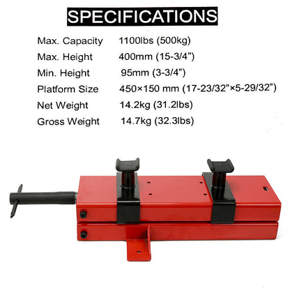 Two screw adapters on motorcycle scissor lift stand for height adjustment