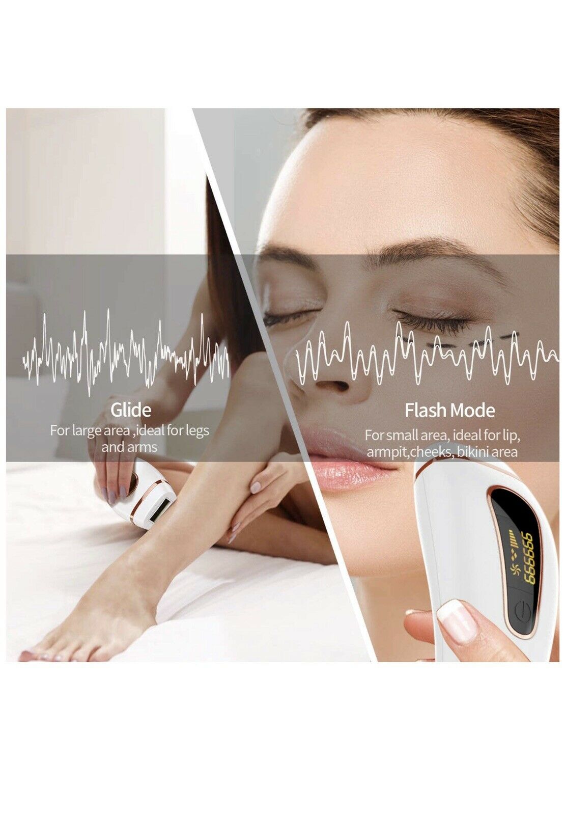 IPL laser hair removal device demonstrating flash and glide treatment modes
