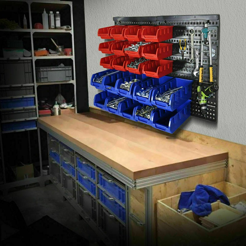 Top view of garage organiser with small parts inside bins