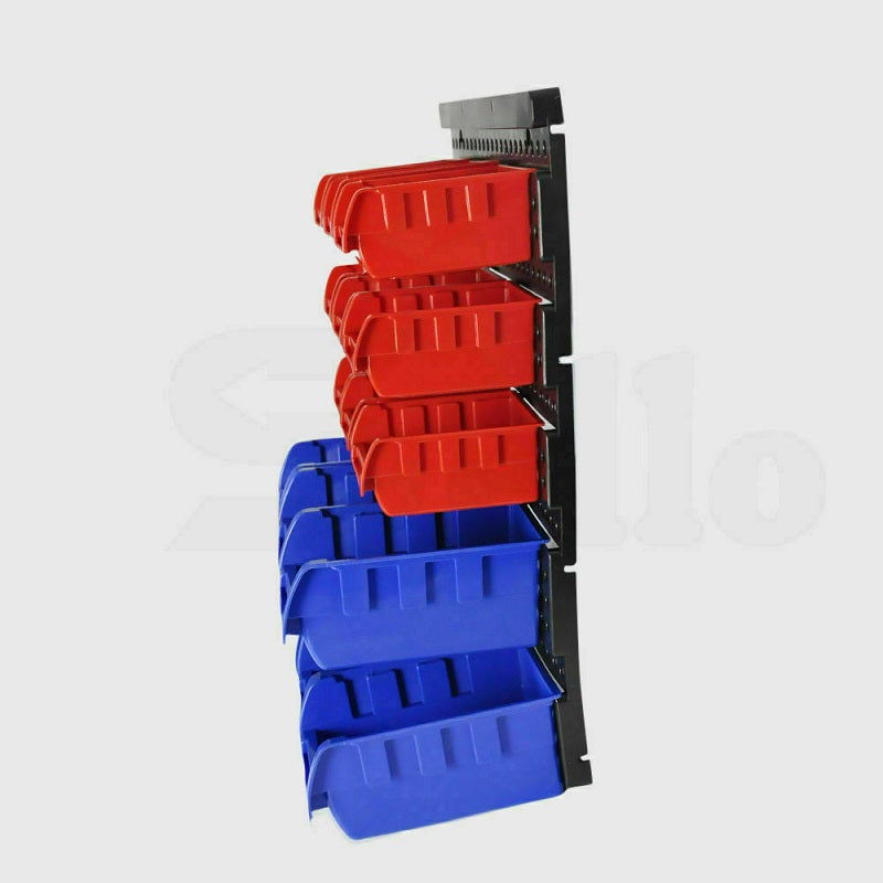 Red medium bins stacked on wall plate in garage organiser