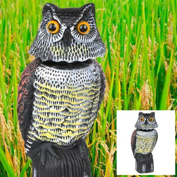 Owl decoy bird scarer on patio protecting flowerbeds