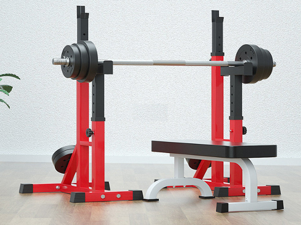 Top view of squat rack showing adjustable height settings