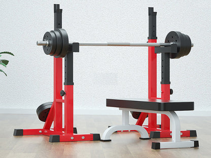 Top view of squat rack showing adjustable height settings