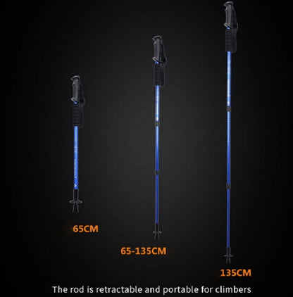 Pair of trekking poles resting on a wooden bench outdoors