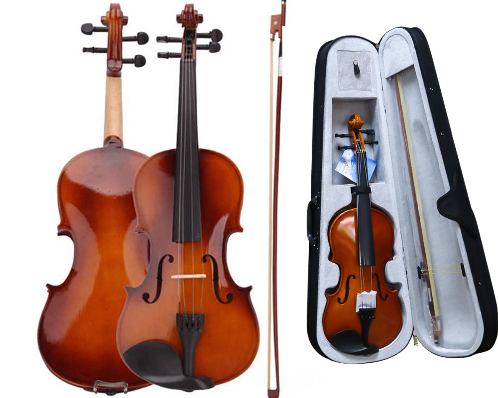 Side angle of violin 44 with natural wood finish