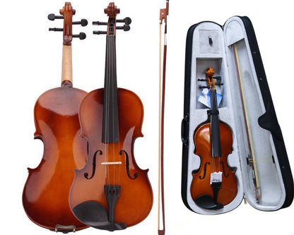 Side angle of violin 44 with natural wood finish