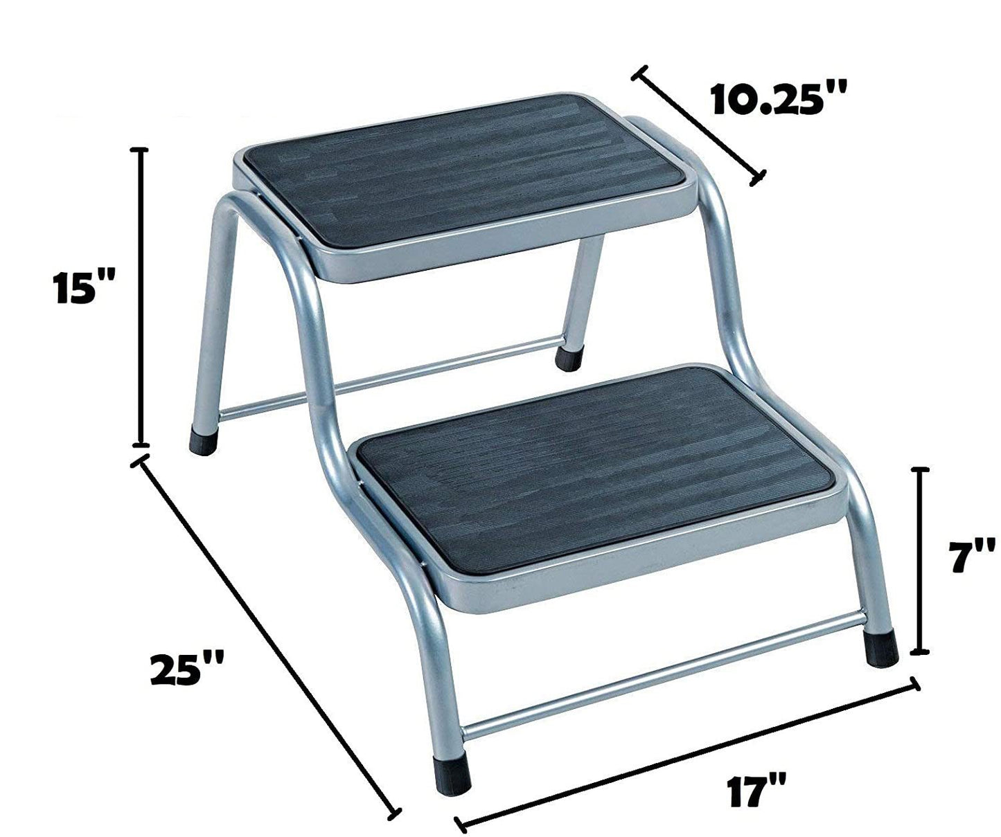 Double caravan ladder step supporting weight on black rubber feet