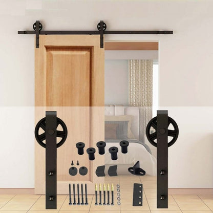 Barn door hardware 2M installed on a wooden door panel