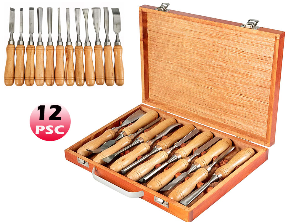 Detail of iron ferrules securing blades to handles in wood carving tools set