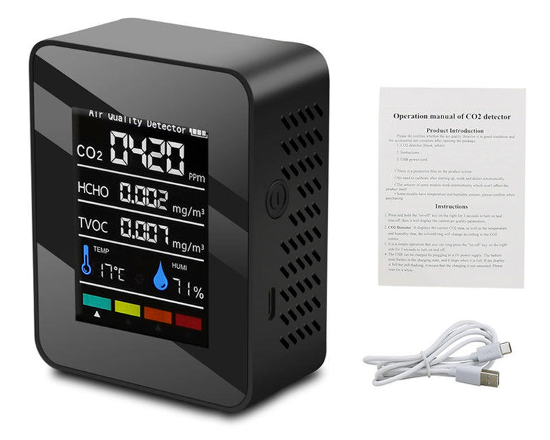 Portable Air Quality Detector,Indoor CO2 Digital Meter 5 in 1 Tester for CO2, Formaldehyde, TVOC, Temperature, Humidity